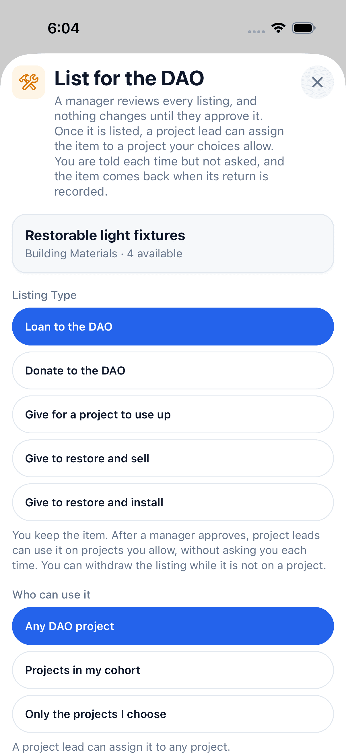 Native iPhone listing form with Loan to the DAO selected, gift and restoration choices, and project-use options.