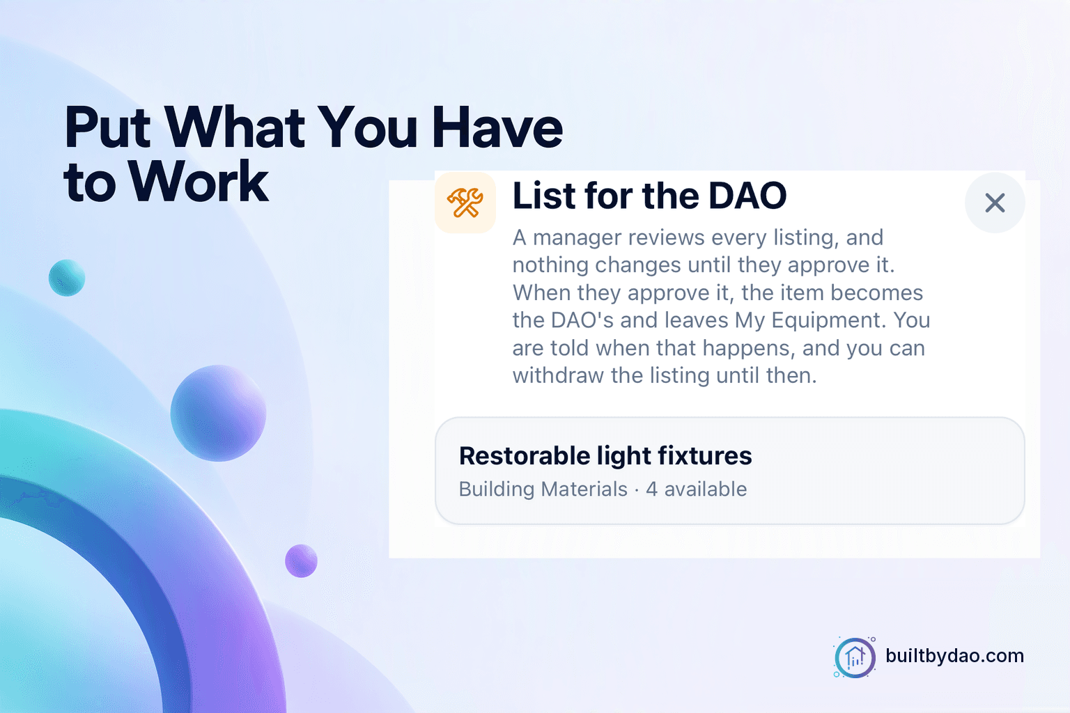 Put What You Have to Work: a preserved native listing-form detail explains manager review and ownership transfer for sample restorable light fixtures, presented on a branded backdrop.