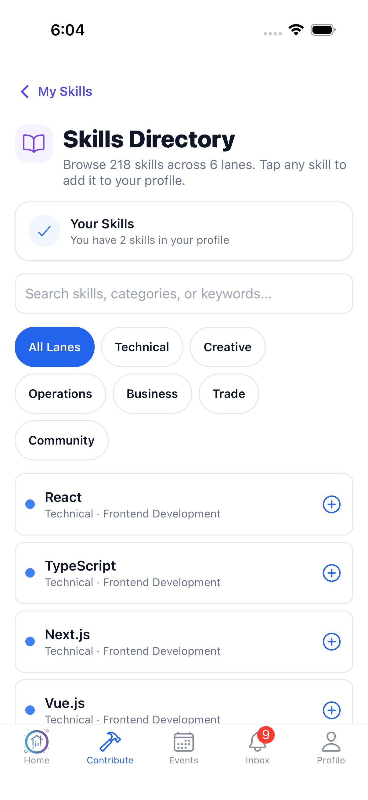 Native iPhone Skills Directory showing the shared skill catalog and search controls with sample data.