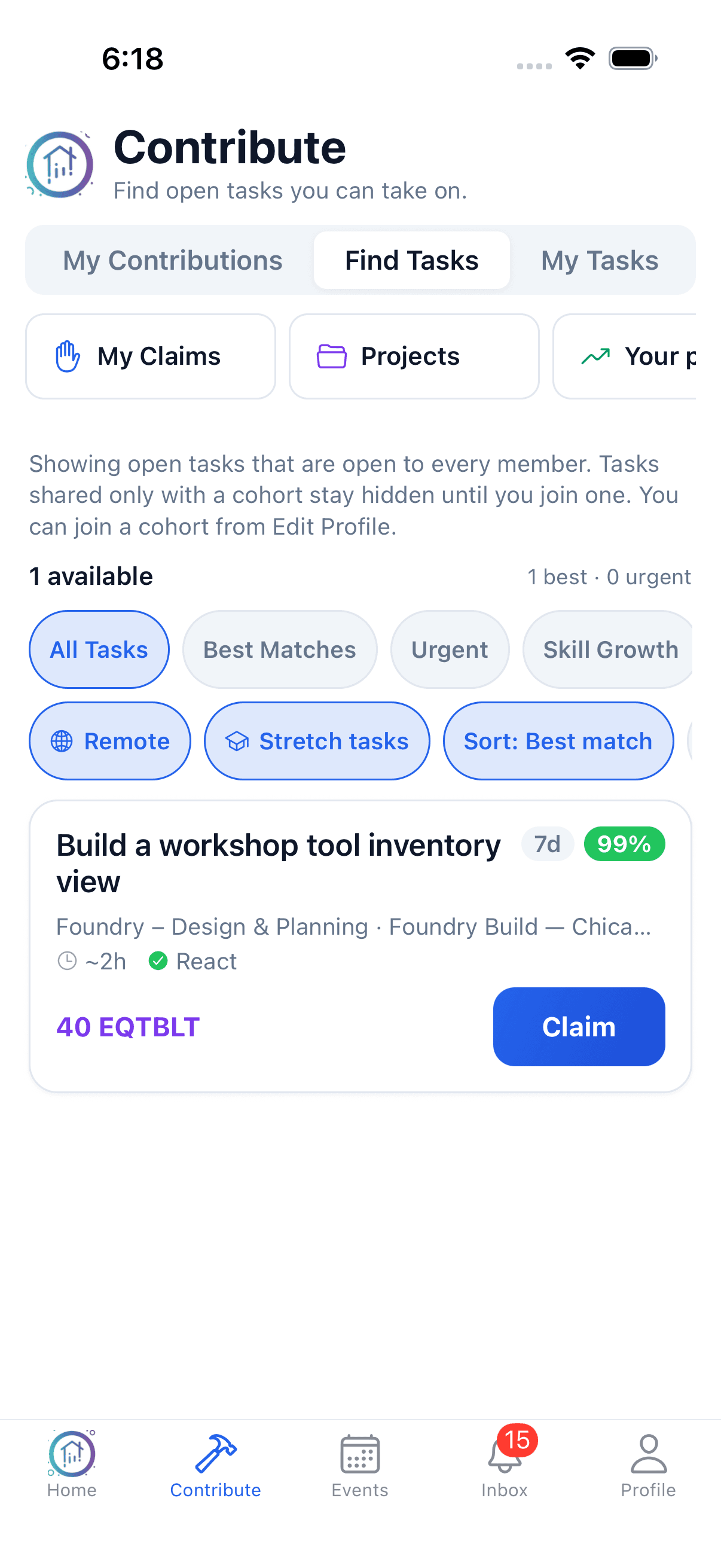 Native iPhone Find Tasks screen with a fictional workshop inventory task, React skill match, estimated effort and Claim action.