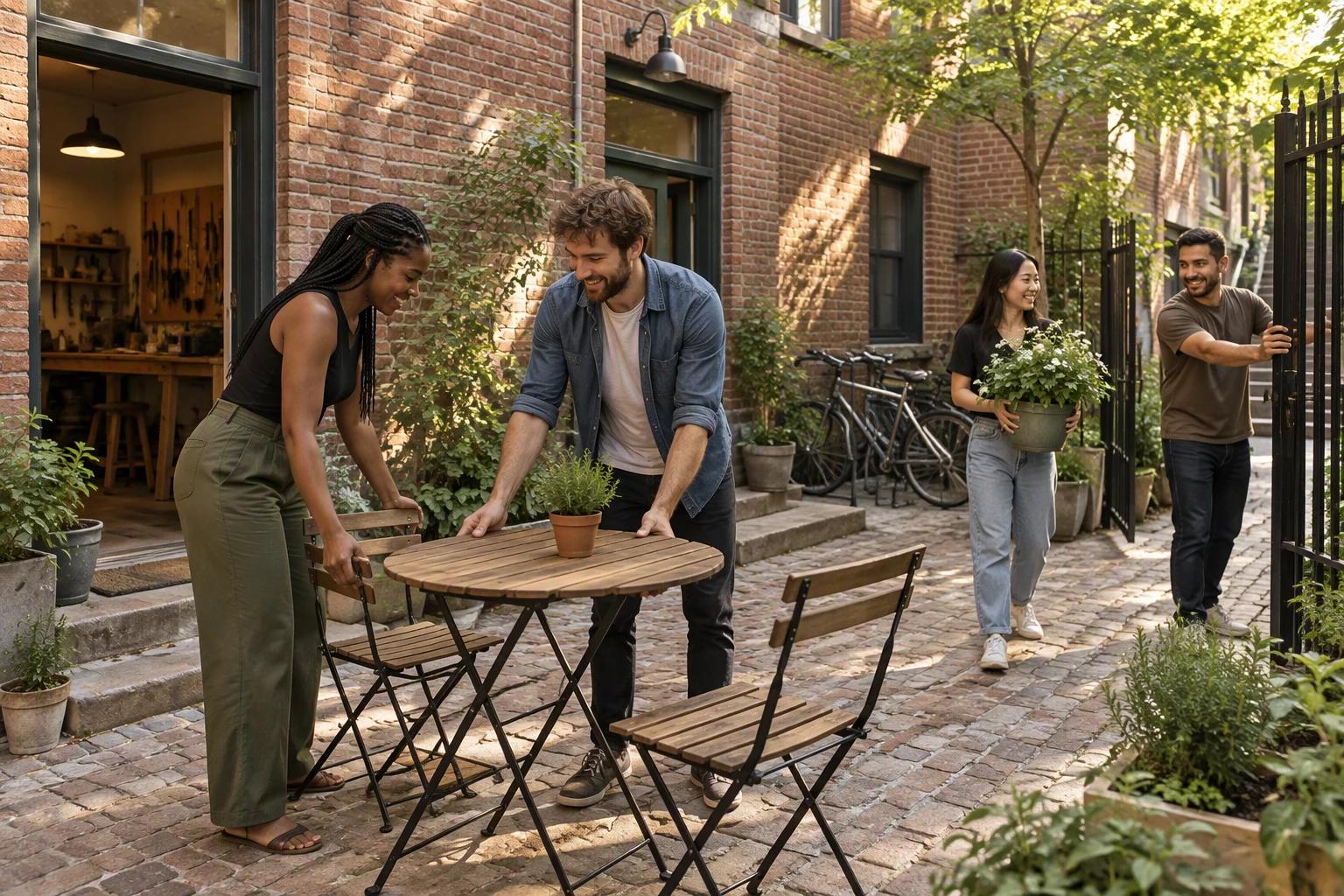 Young neighbors arranging a shared brick courtyard.