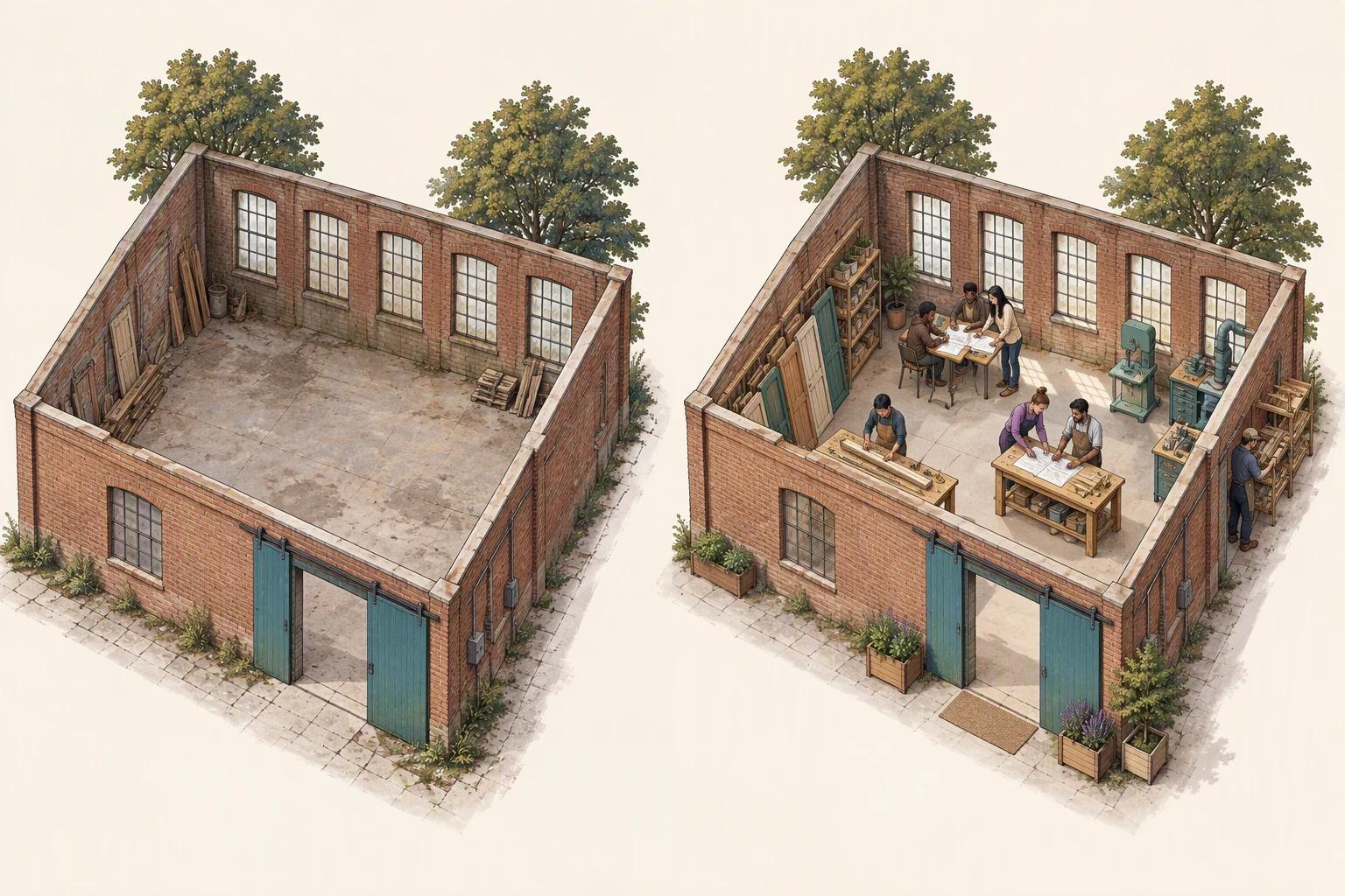 Matching cutaway views of a brick building before and after its transformation into an active shared workshop.
