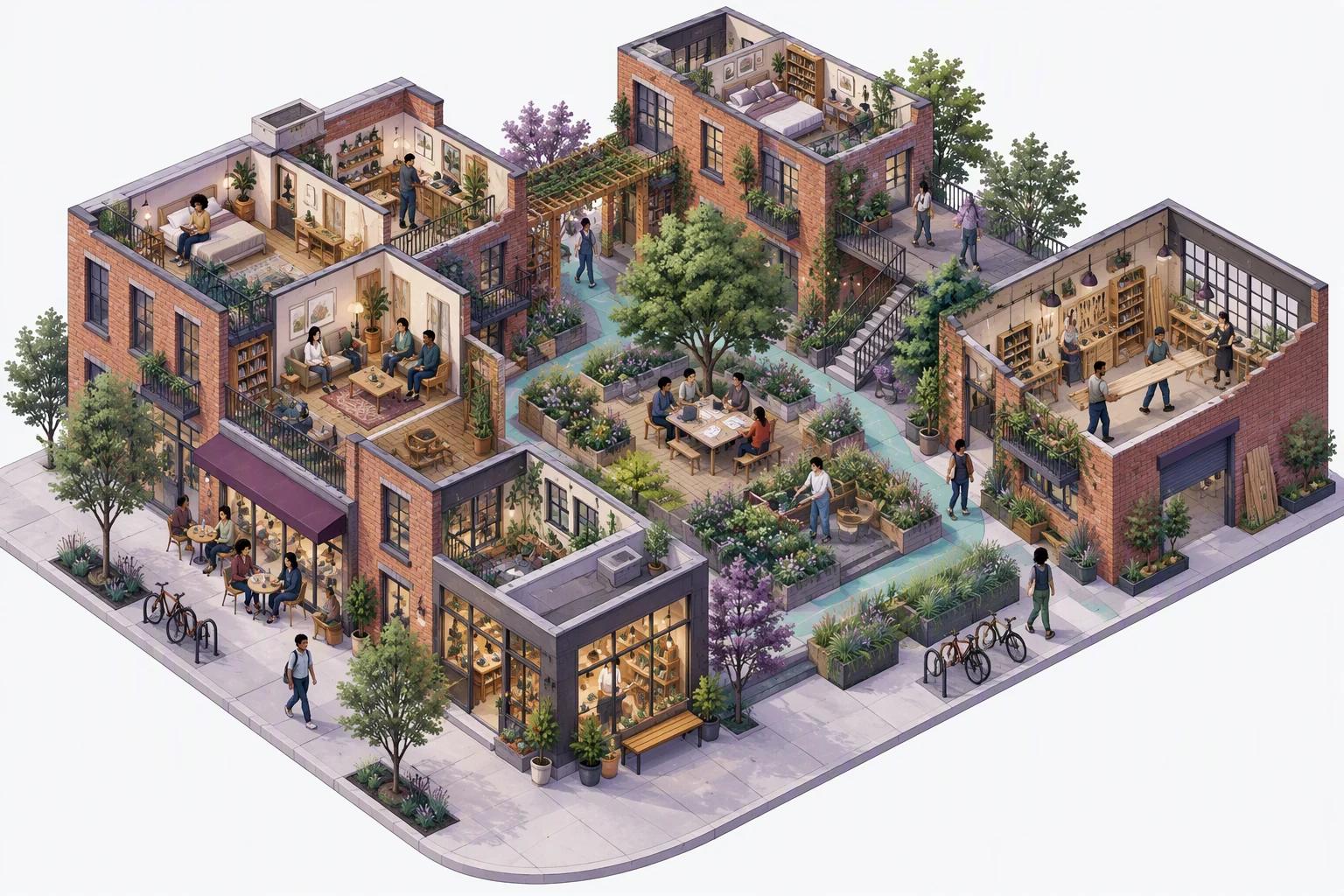 Isometric neighborhood with brick homes, a workshop, small businesses and a shared courtyard.