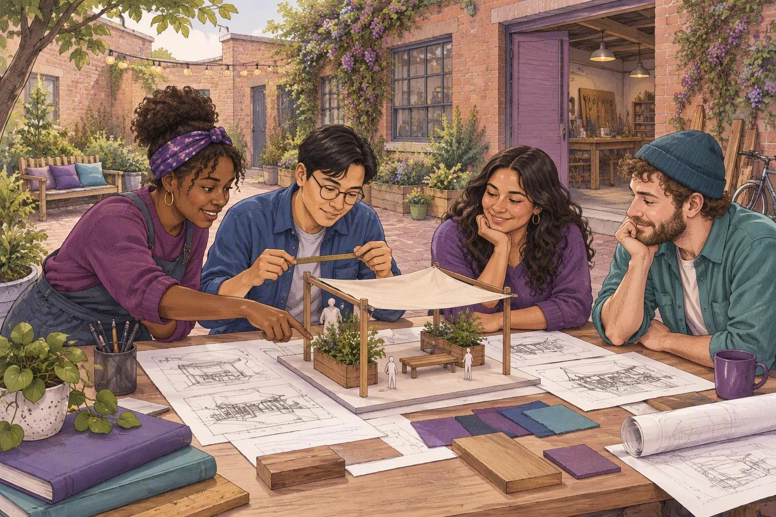 Four young adults review a courtyard shade-canopy model and drawings together.