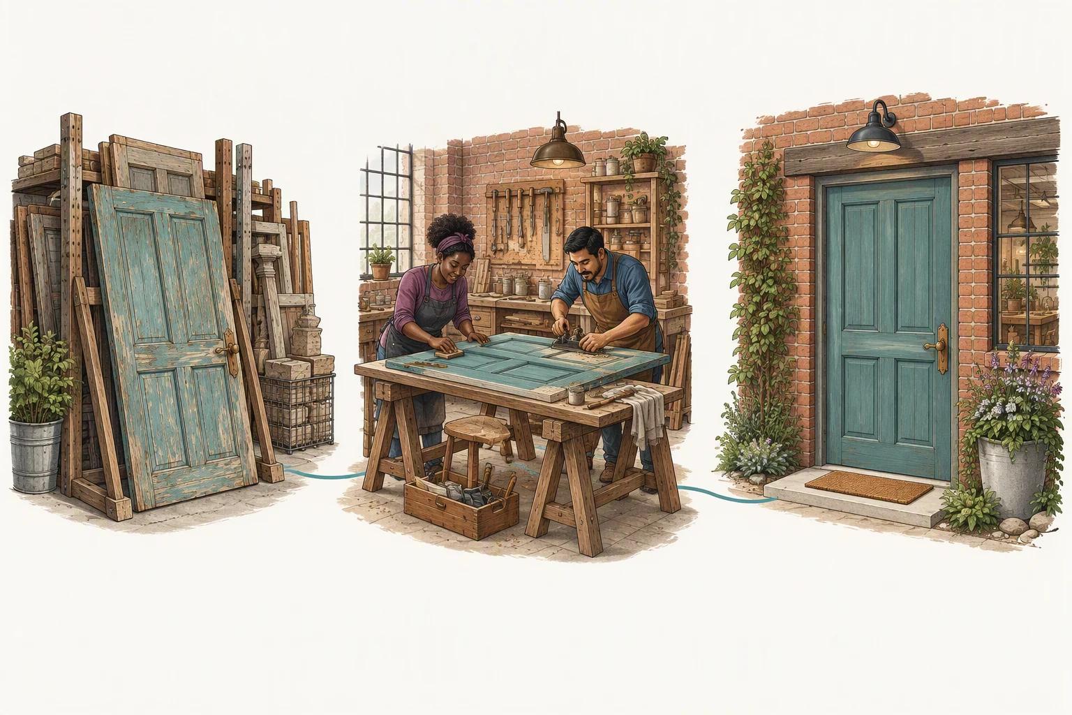 A weathered teal door is recovered, restored at a workbench and fitted into a brick workshop entrance.