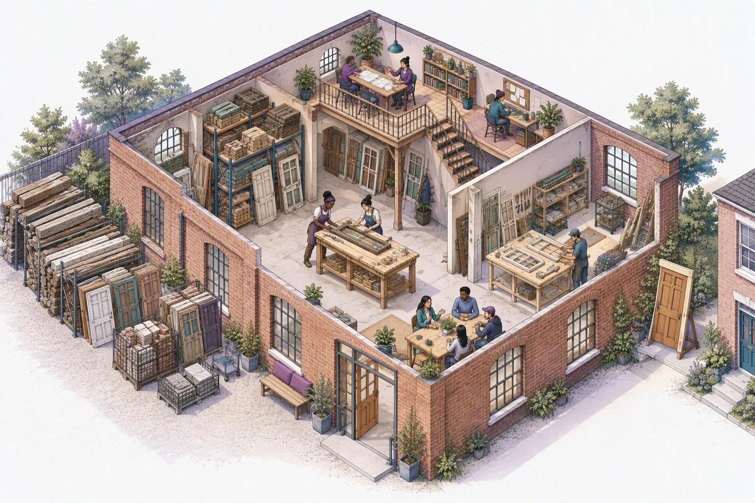 Cutaway brick Foundry with a salvage yard, storage racks, workbenches, fabrication and gathering spaces.