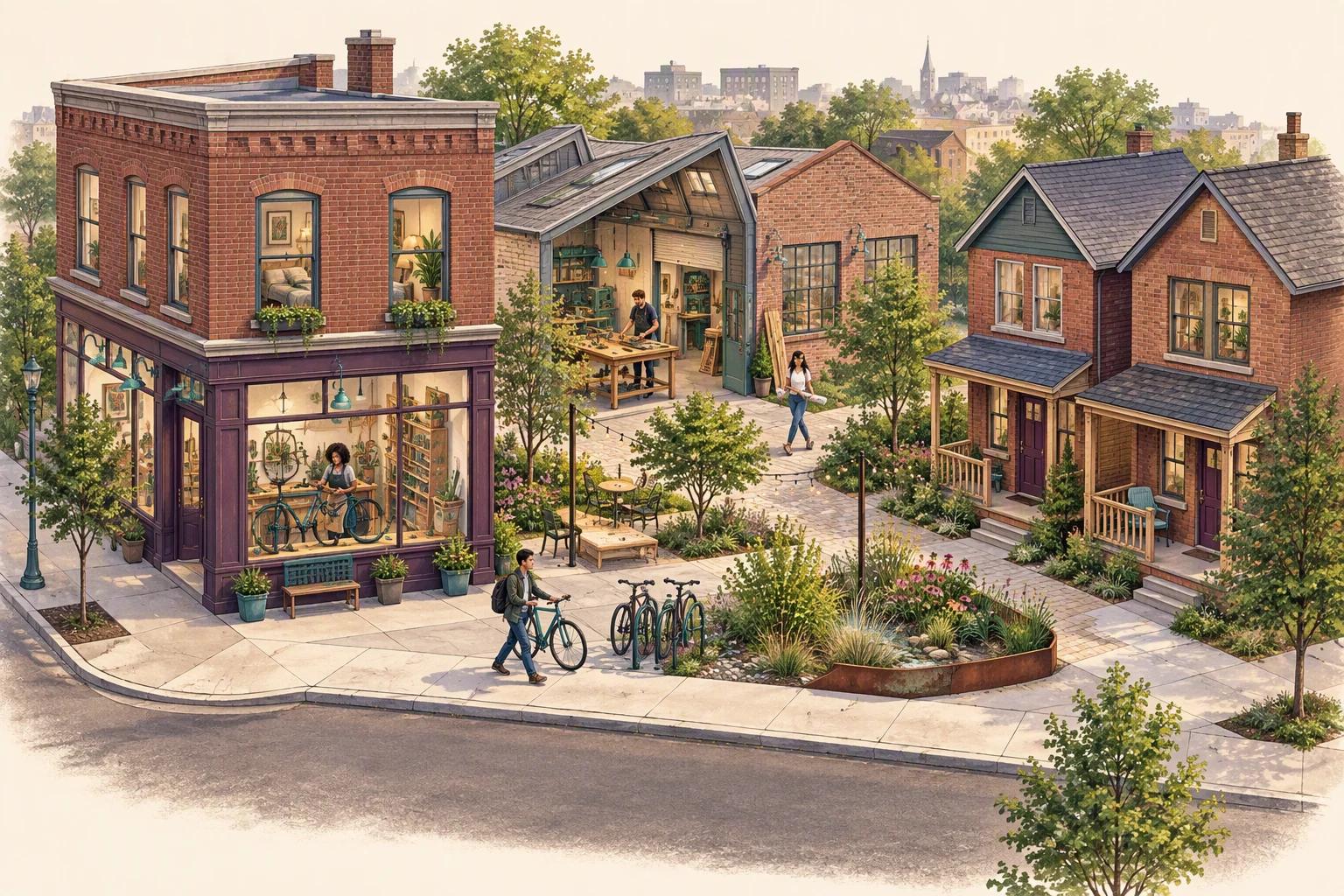 A brick corner shop with apartments, a shared workshop and homes around a planted pedestrian courtyard.