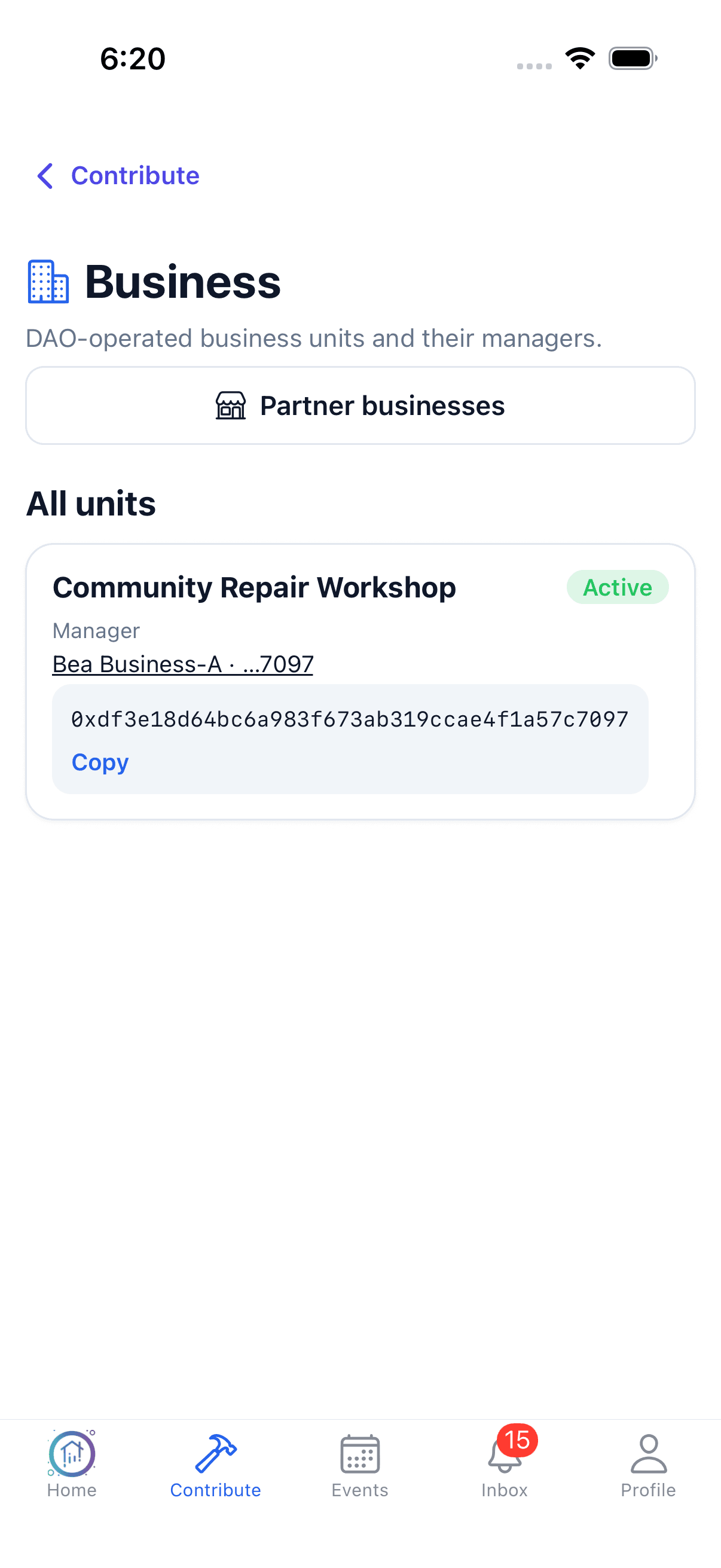 Native iPhone Business catalog with a fictional active Community Repair Workshop and its sample manager.