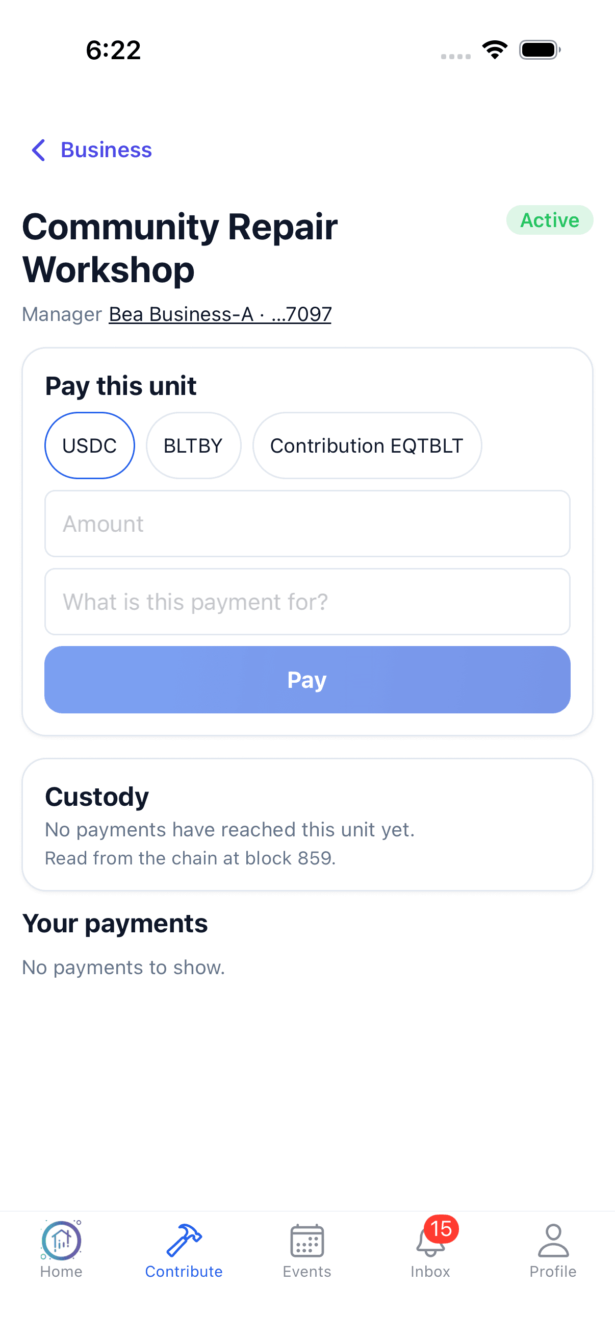 Native iPhone payment form for a fictional Community Repair Workshop, with USDC, BLTBY and Contribution EQTBLT choices, empty amount and purpose fields, and a disabled Pay button.