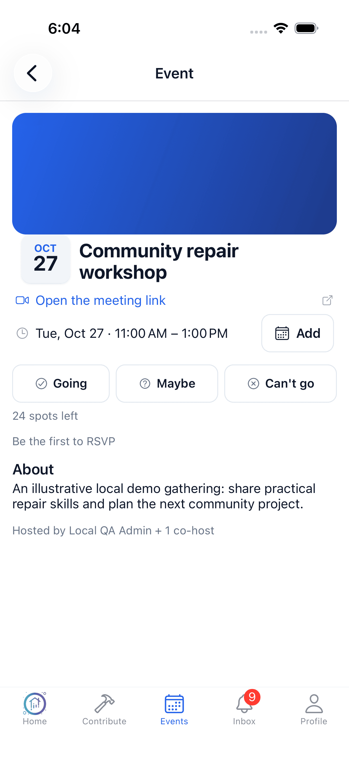 Native iPhone event screen for a fictional community repair workshop, showing date, meeting link, calendar action and RSVP choices.