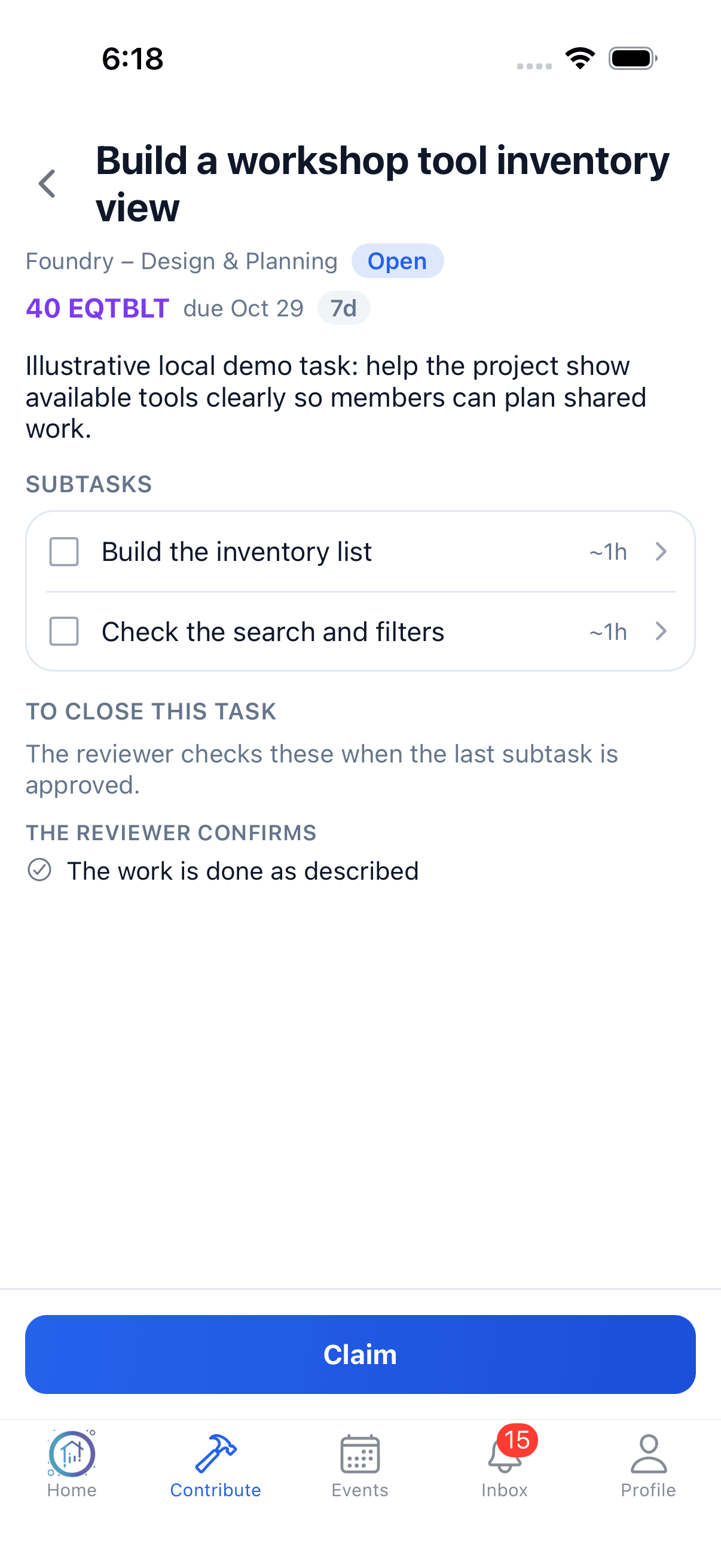 Native iPhone detail for a fictional workshop tool inventory task, showing two subtasks, reviewer closing requirements and a Claim button.