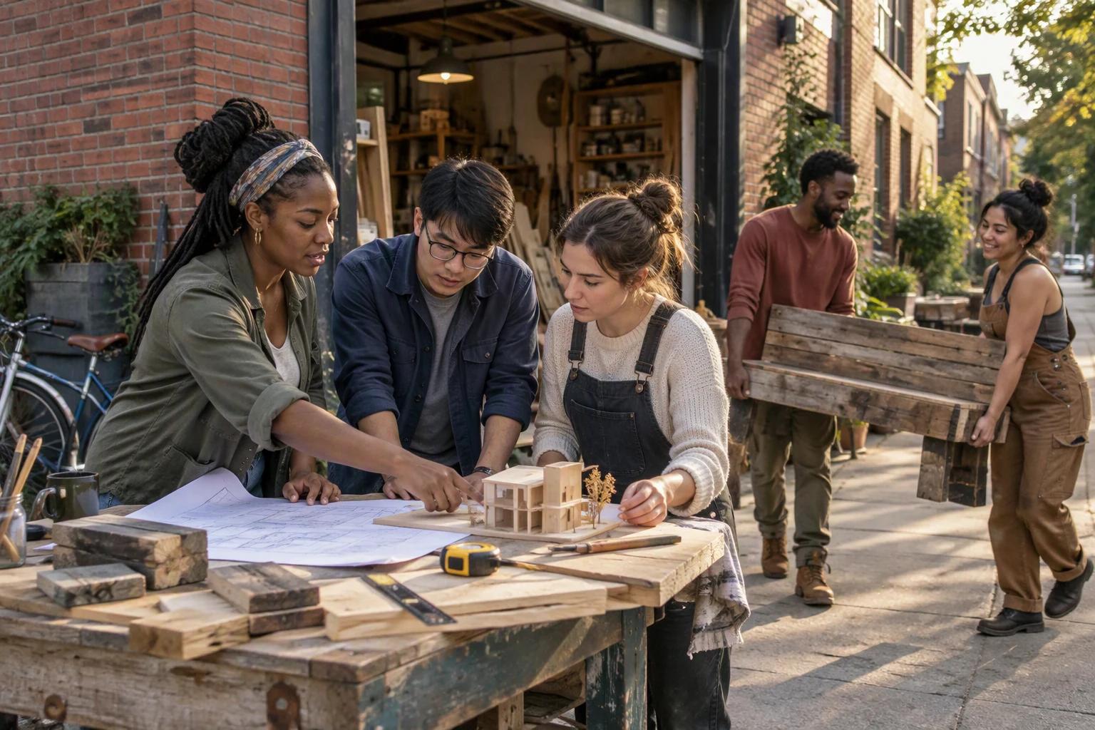 Young adults planning a neighborhood project outside a brick workshop.