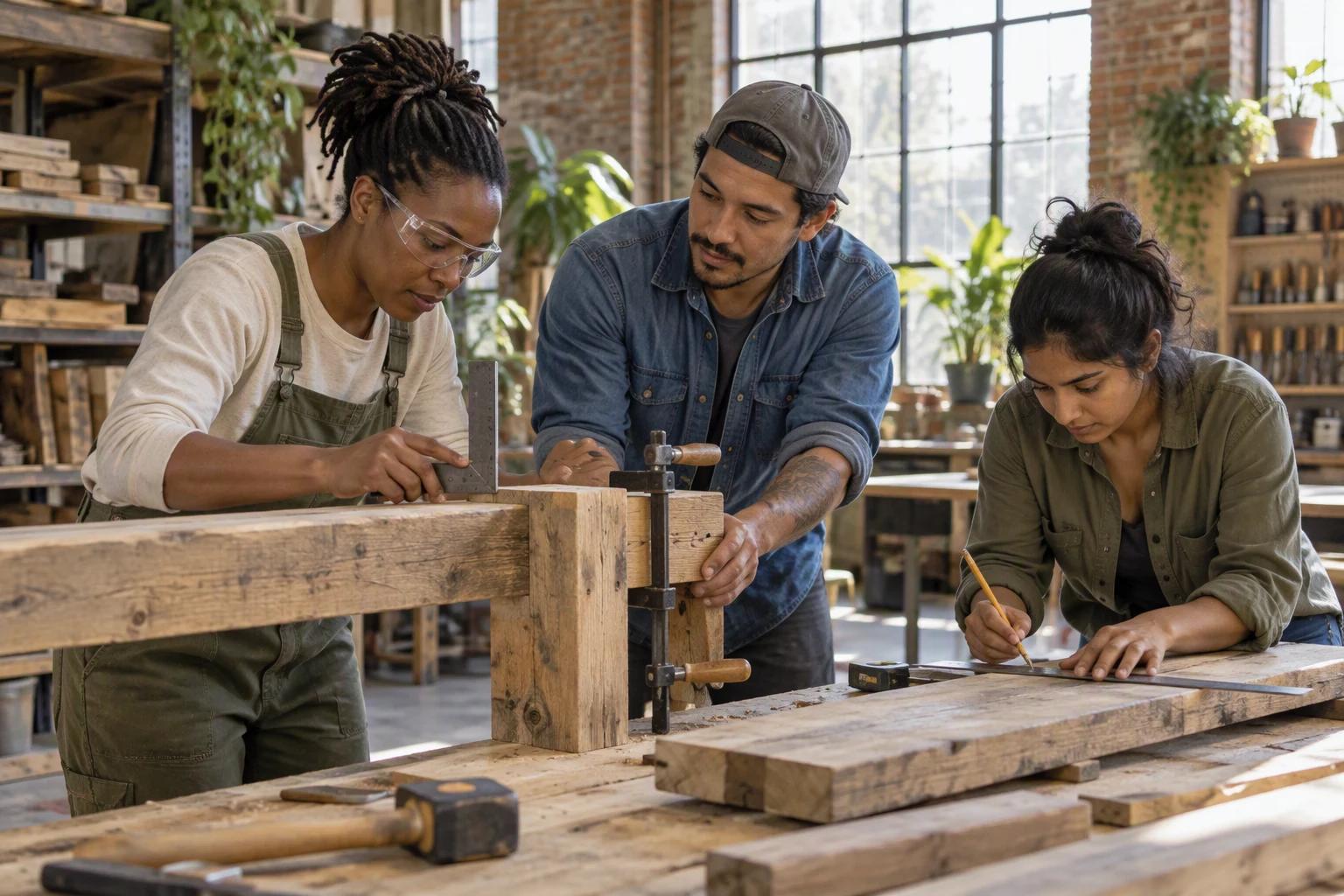 Three young craftspeople checking joinery at a shared workshop bench.