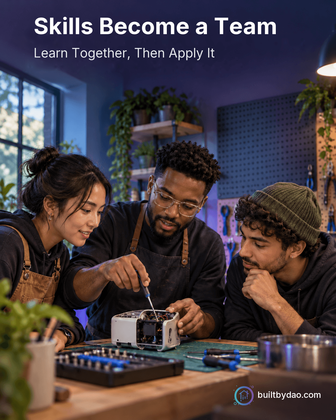 Skills Become a Team. Three adults learn together around a small repair task at a table.