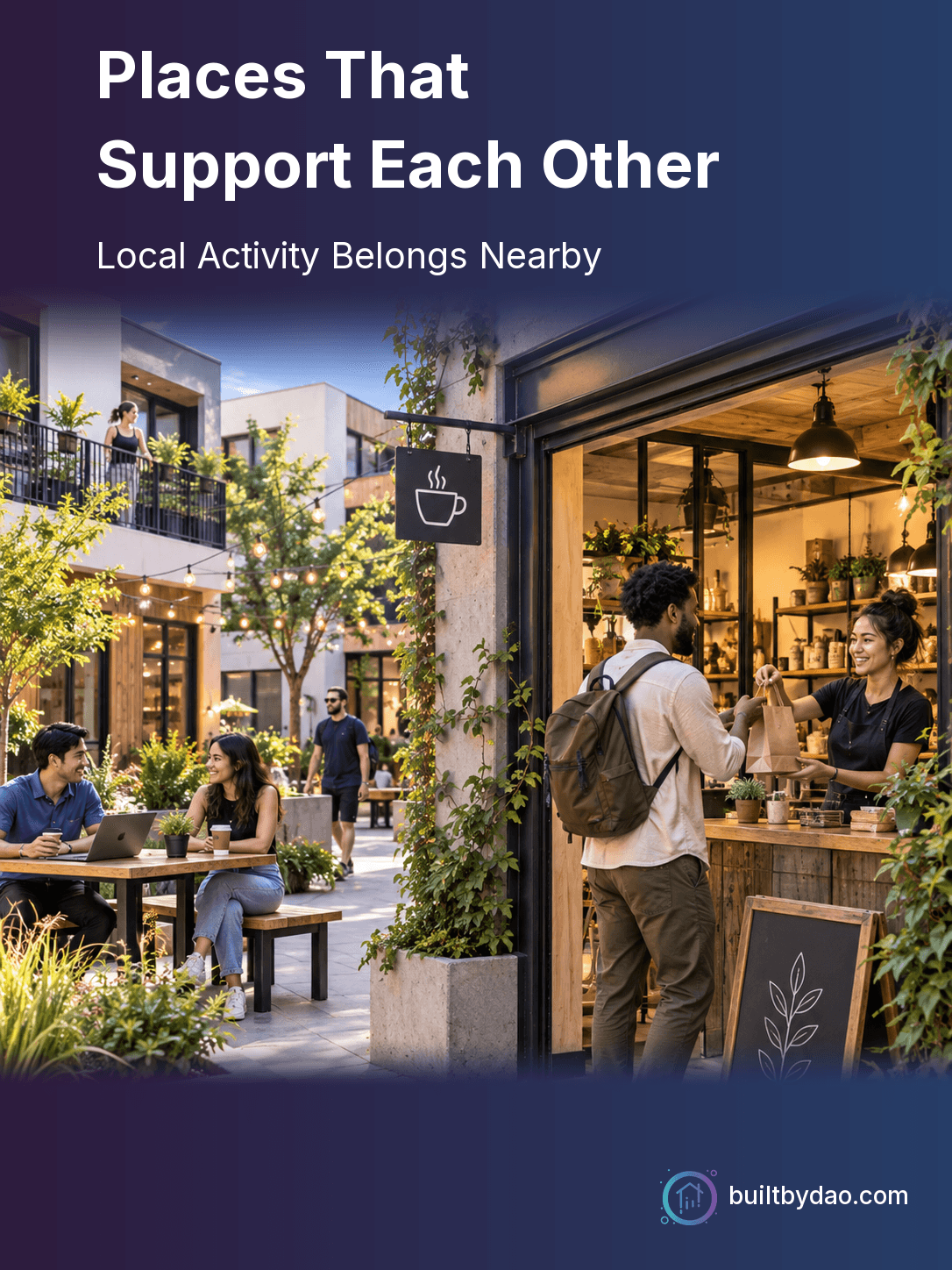 Places That Support Each Other. A small local business opens onto a courtyard beneath nearby homes.