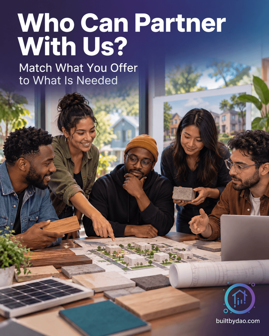 Who Can Partner With Us? Adults discuss samples, a neighborhood model and plan sheets around a table.