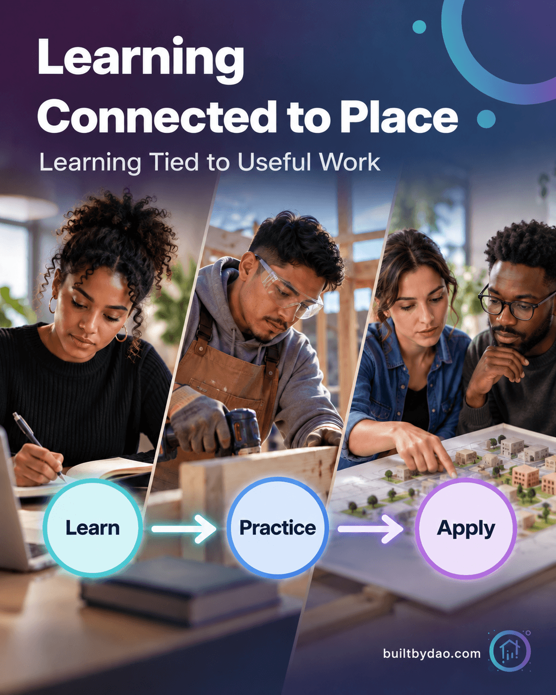 Learning Connected to Place. Adults work with materials and plans along a Learn, Practice and Apply sequence.