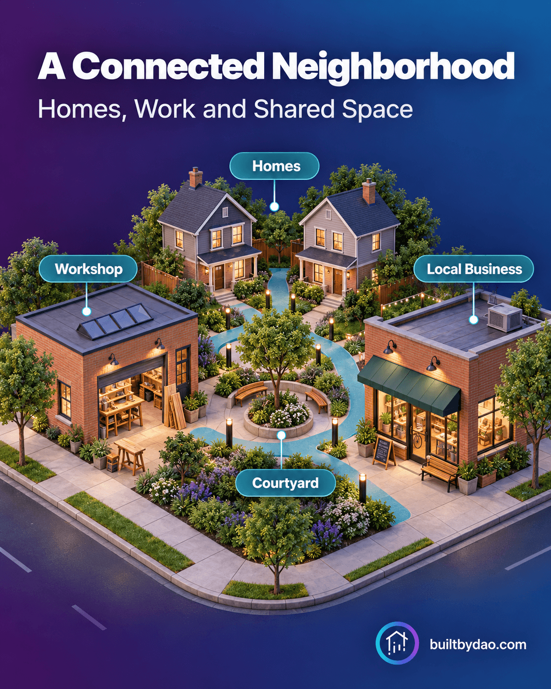 A Connected Neighborhood. An illustrated neighborhood links homes, a workshop, a local business and a courtyard.