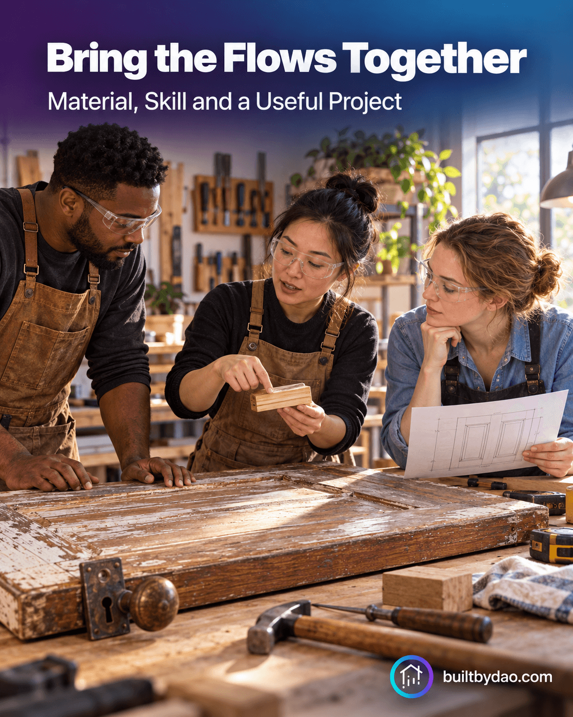Bring the Flows Together. Three adults compare a reclaimed door, a sample joint and drawings around a workbench.
