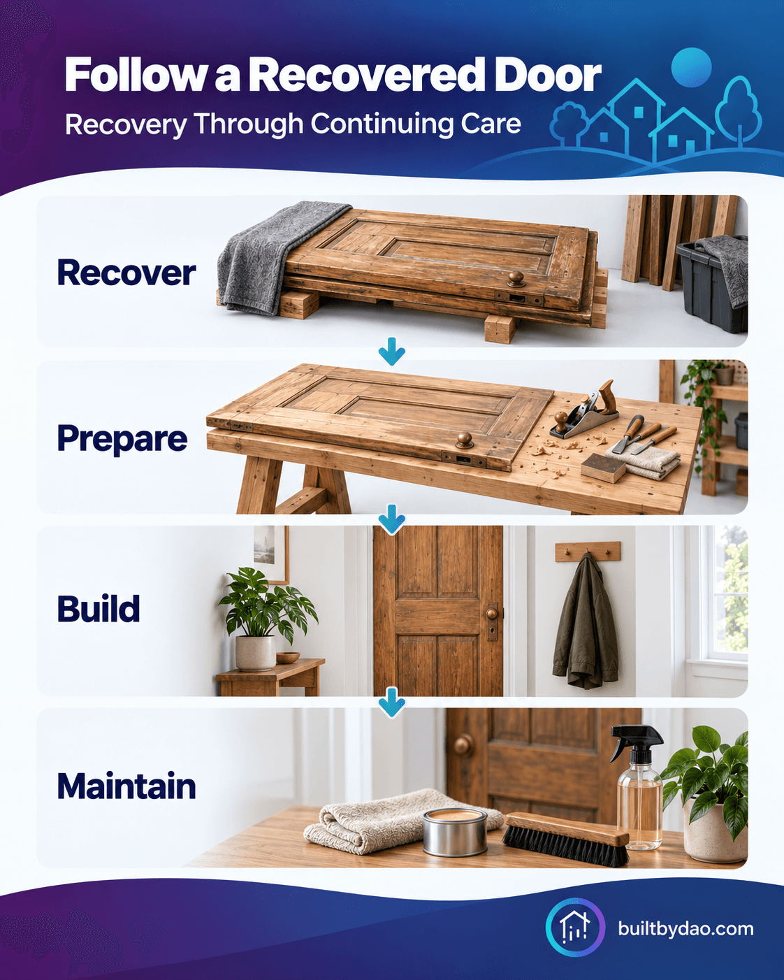 Follow a Recovered Door. A recovered wooden door passes through Recover, Prepare, Build and Maintain stages.