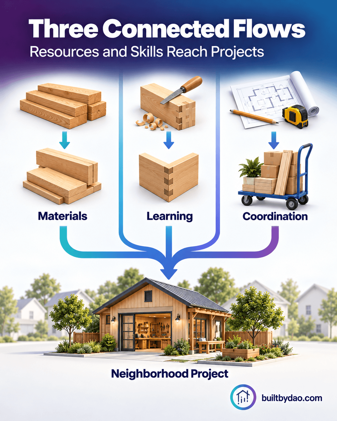 Three Connected Flows. Illustrated materials, learning and coordination streams converge on a neighborhood project.