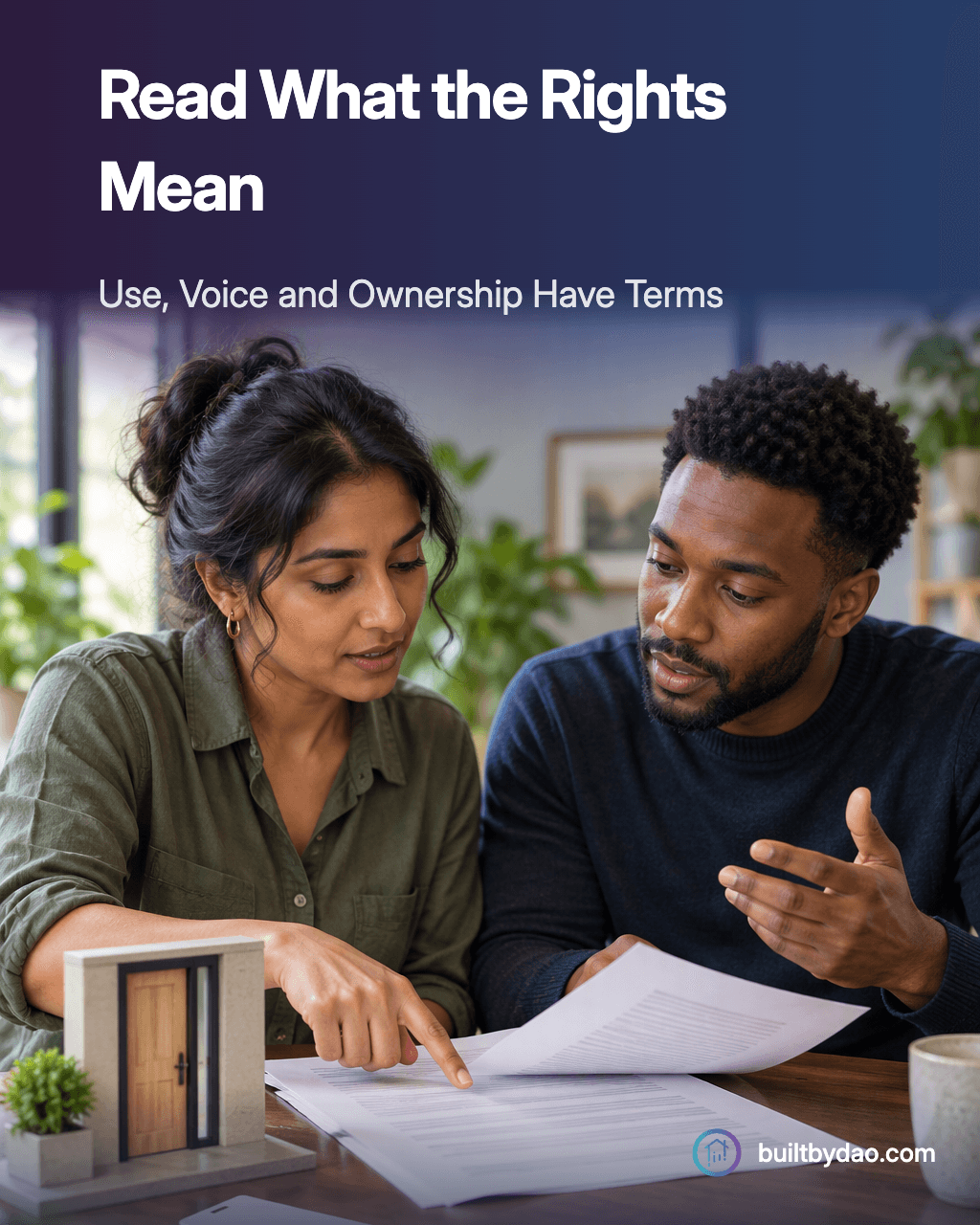 Read What the Rights Mean. Two adults review pages beside a doorway model.