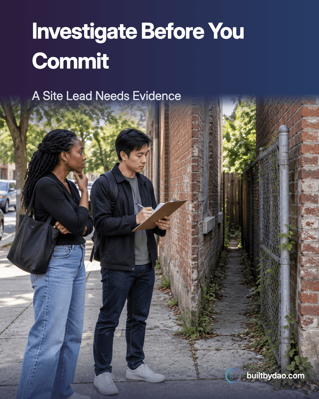 Investigate Before You Commit. Two adults assess an unbranded vacant building from outside while reviewing a clipboard.