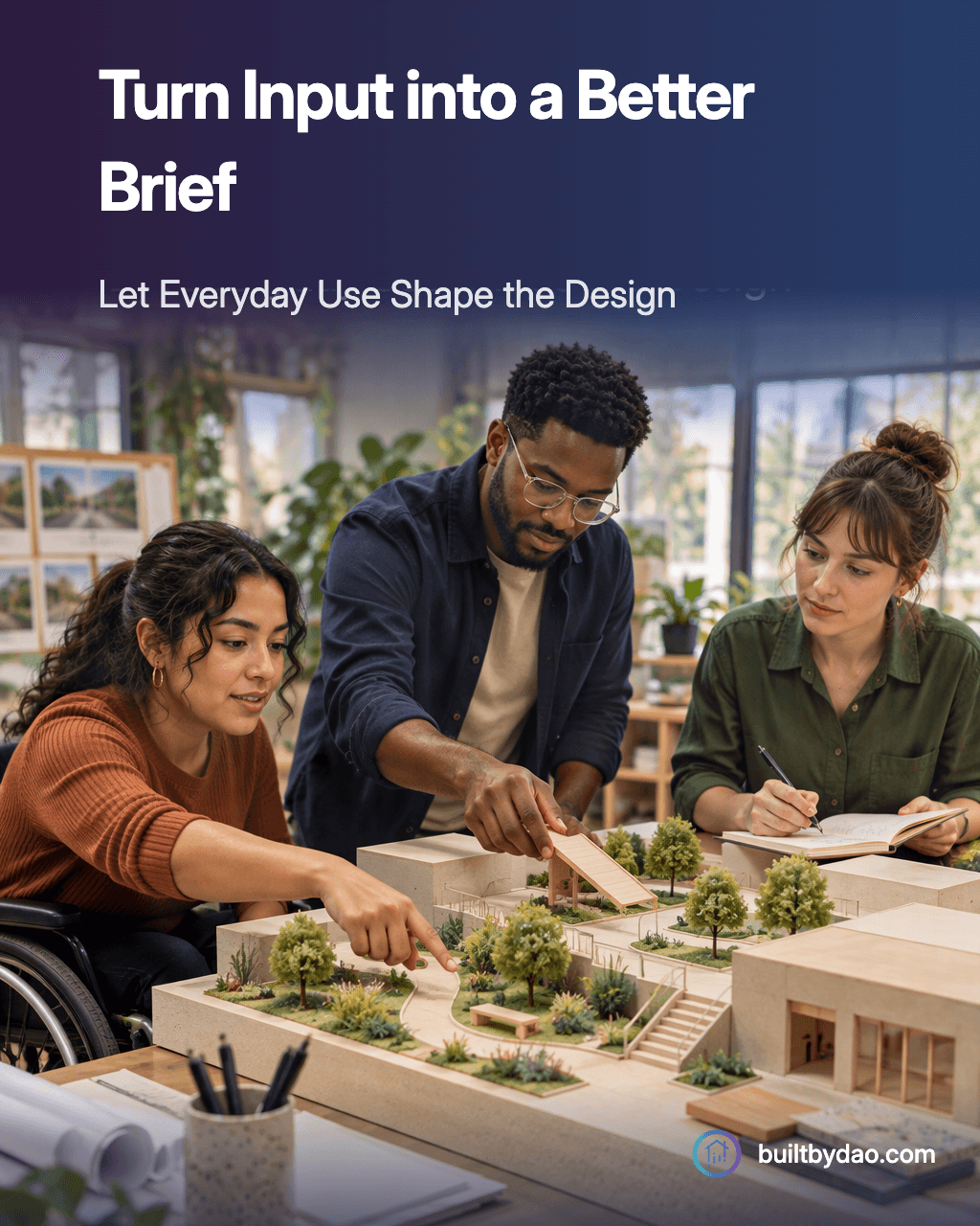 Turn Input into a Better Brief. Three adults compare a neighborhood model and notes at a design table.