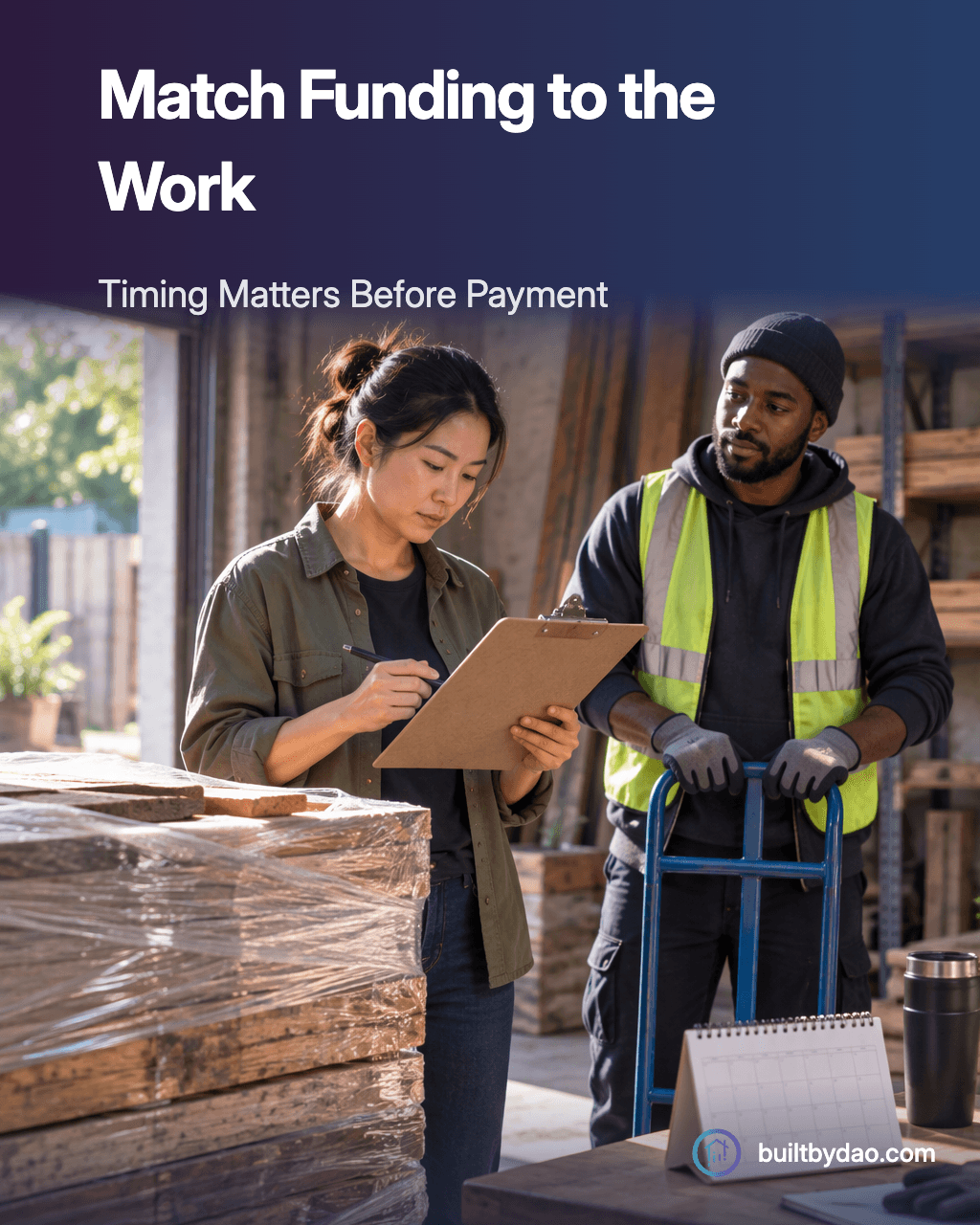 Match Funding to the Work. Two adults compare a clipboard and delivery paperwork beside stacked materials and a hand truck.