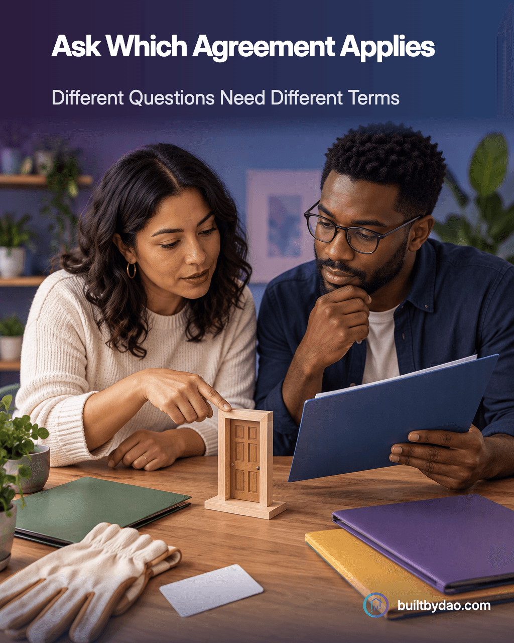 Ask Which Agreement Applies. Two adults compare pages in a blue folder beside a doorway model and work gloves.