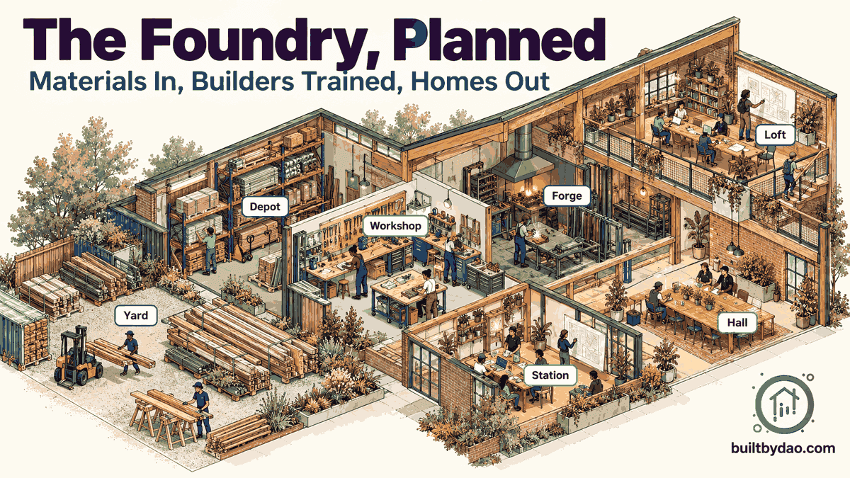 A rendering of a planned Foundry hub with its seven zones labeled.